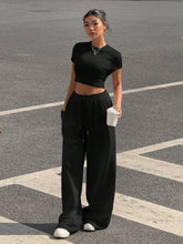 2pcs Women Solid Color Round Neck Short Sleeve Top And Pants Set, Minimalist